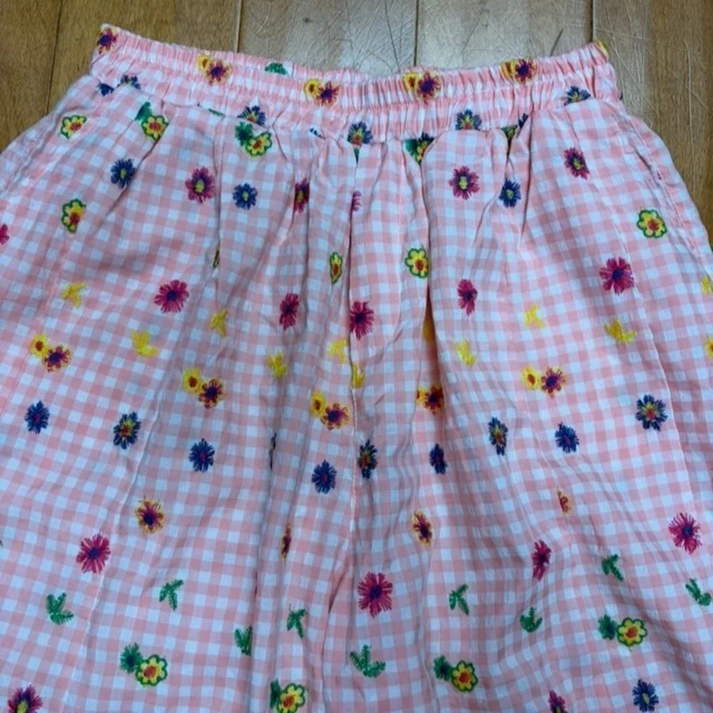 Womens Pink Gingham Floral Embroidered Wide Leg Pajama Pants *M Cottagecore Boho